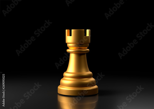 Tableau sur toile Gold rook chess, standing against black background
