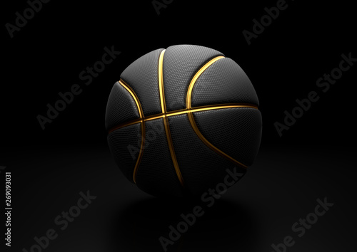 Black Basketball with Gold Line Design dark Background. Basketball in the air and texture with dots. 3D illustration. 3D rendering high resolution. © Andrii