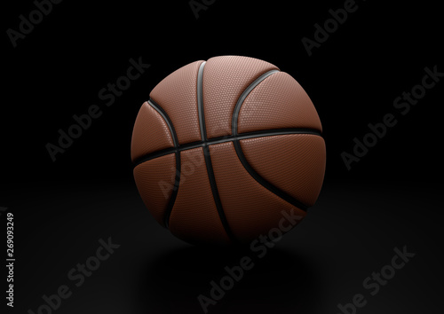 Orange Basketball with black Line Design dark Background. Basketball in the air and texture with dots. 3D illustration. 3D rendering high resolution.