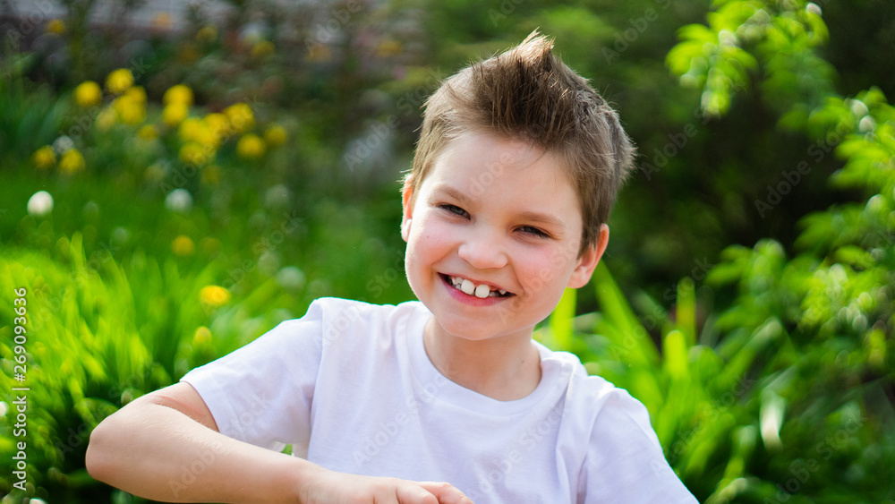 child smiling, enjoying vacation. portrait of young boy in nature, park or outdoors. concept of happy childhood. child smiling, enjoying vacation. portrait of young boy in nature, park or outdoors. concept of happy childhood.