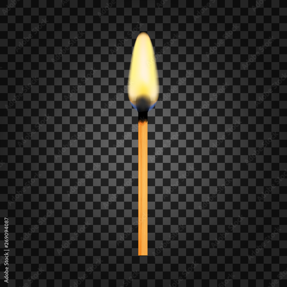 Realistic Burning Match on Transparency Grid Background. Vector stock illustration.