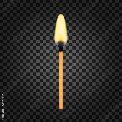 Realistic Burning Match on Transparency Grid Background. Vector stock illustration.