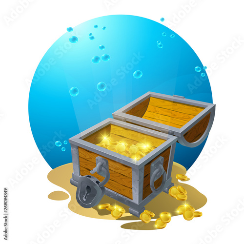 Chest of gold in the sand under the blue clouds - vector illustration for design, banners, flyers, textures, backgrounds, postcards. Vector. EPS10
