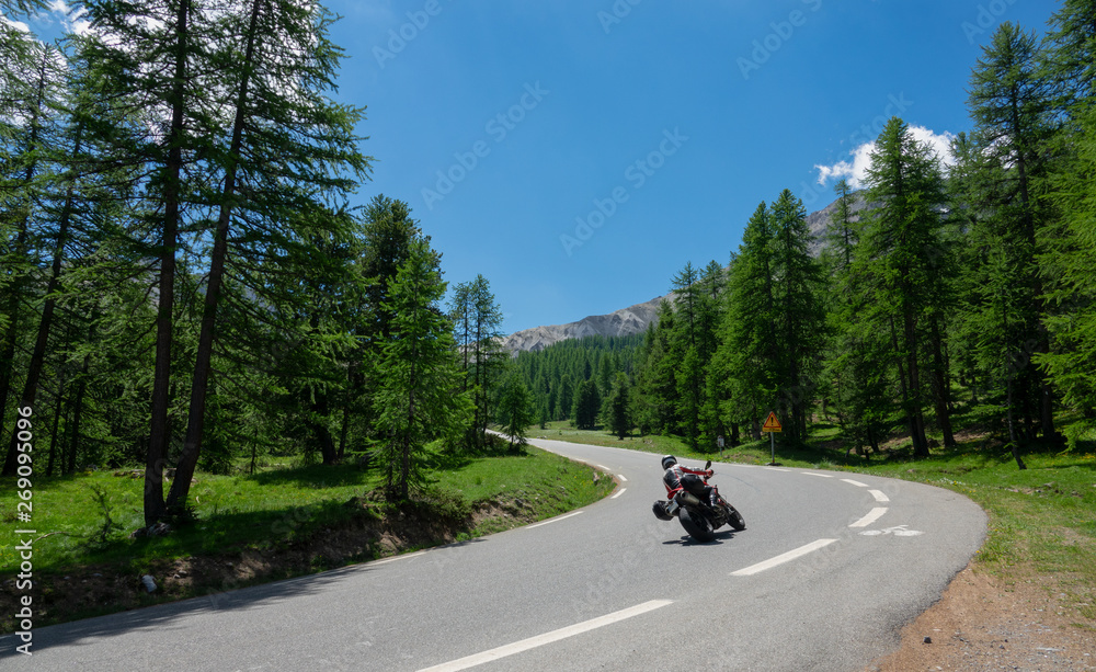 Unrecognizable tourist on a motorcycle rides into an empty turn in the forest Unrecognizable tourist on a motorcycle rides into an empty turn in the forest