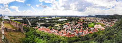 Panoramic landscape of Donaustauf town, Bavaria, Germany. Danube river and beautiful nature, summer time