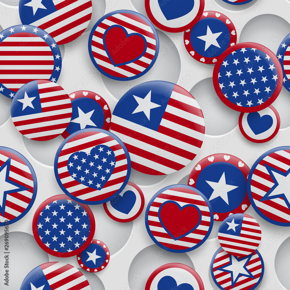 Fototapeta premium Vector seamless pattern of various USA symbols in red and blue colors on white background with holes. Independence Day United States of America