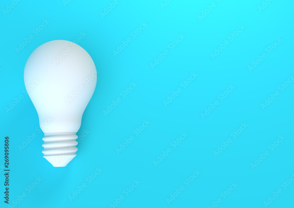White light bulb on bright blue background in pastel colors. Minimalist concept, bright idea concept, isolated lamp. 3d render illustration - obrazy, fototapety, plakaty 
