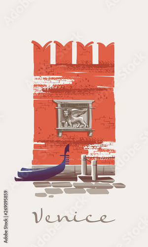 Red brick wall of the Venetian Arsenal and Lion of Saint Mark. Italy