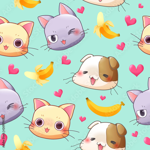 Seamless pattern cute cat, banana and heart – vector