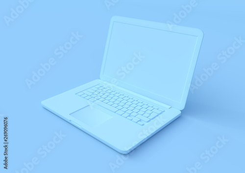 blue laptop isolated on a blue background, pastels color notebook, portable pc, computer 3d illustration 3d rendering