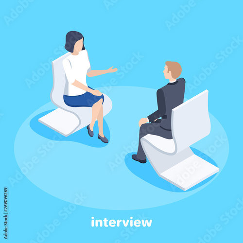 Isometric vector image on a blue background, a man and a woman in a business suit are sitting opposite each other in armchairs and conducting an interview, consultation and business conversation