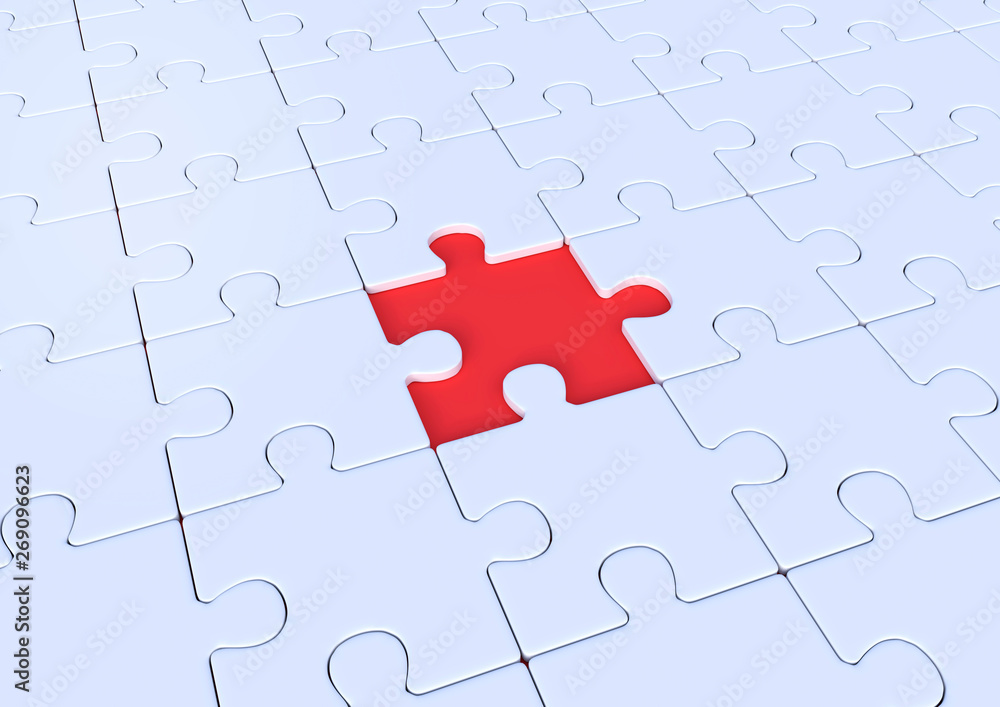 Unfinished white jigsaw puzzle on blue background with copy space. Connected blank puzzle pieces. Business strategy Teamwork concept. Minimal creative concept. 3d rendering illustration Unfinished white jigsaw puzzle on blue background with copy space. Connected blank puzzle pieces. Business strategy Teamwork concept. Minimal creative concept. 3d rendering illustration