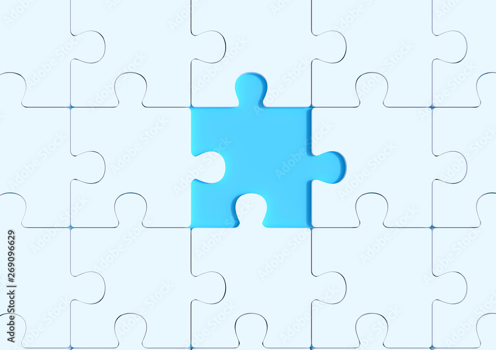 Unfinished white jigsaw puzzle with copy space. Connected blank puzzle pieces. Business strategy Teamwork and problem solving concept. Minimal creative concept. 3d render illustration Unfinished white jigsaw puzzle with copy space. Connected blank puzzle pieces. Business strategy Teamwork and problem solving concept. Minimal creative concept. 3d render illustration