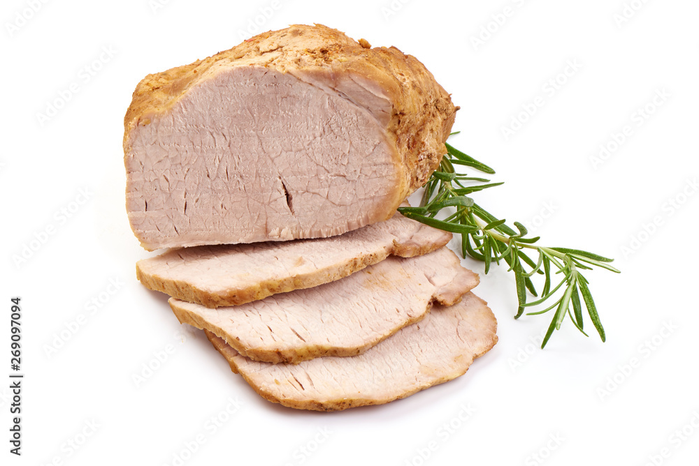 Baked pork meat, smoked ham, close-up, isolated on white background