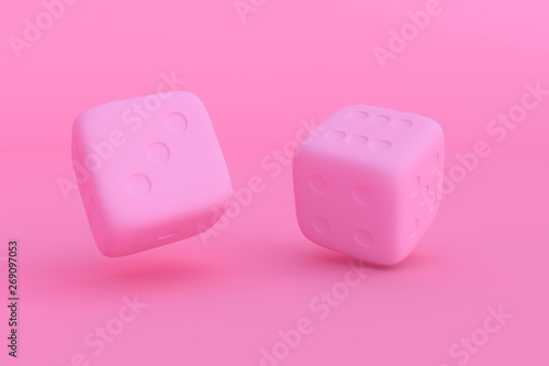 Two rolling dice  poker dice  ivories  bone  devil s bones on bright background in purple pastel colors with copy space. Gaming and gambling. Random numbers. Luck and chance. 3D render illustration