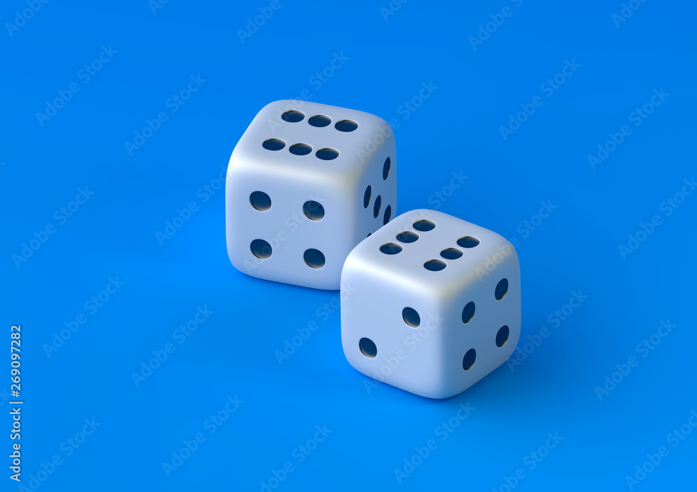 Cubes dice two white dices on blue background with copy space in pastel colors. Gambling game. Business strategy and lucky. Minimalism concept. Creative concept. 3d rendering illustration Cubes dice two white dices on blue background with copy space in pastel colors. Gambling game. Business strategy and lucky. Minimalism concept. Creative concept. 3d rendering illustration