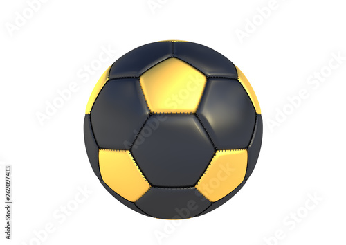 Black gold soccer ball isolated on white background. Black gold football ball. Realistic soccer 3d ball. 3d render illustration
