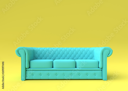 Fototapeta Naklejka Na Ścianę i Meble -  Modern sofa in yellow living room. Minimal style concept. pastel color style. 3d render illustration