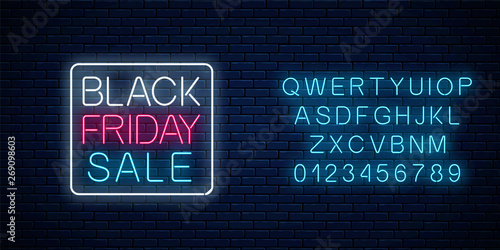 Glowing neon sign of black friday sale with alphabet. Seasonal sale web banner. Black friday signboard