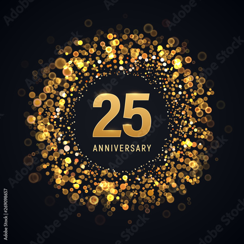 25 years anniversary isolated vector design element. Twenty five birthday logo with blurred light effect on dark background