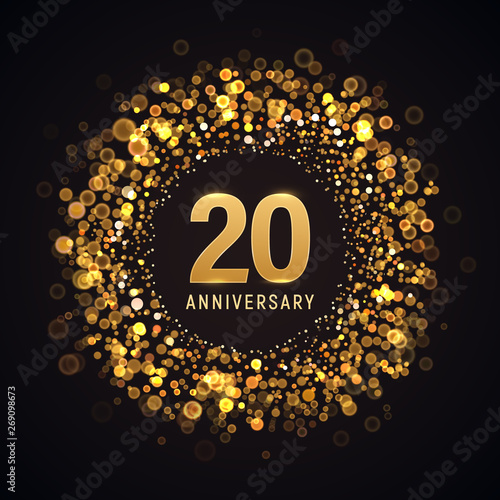 20 years anniversary isolated vector design element. Twenty birthday logo with blurred light effect on dark background