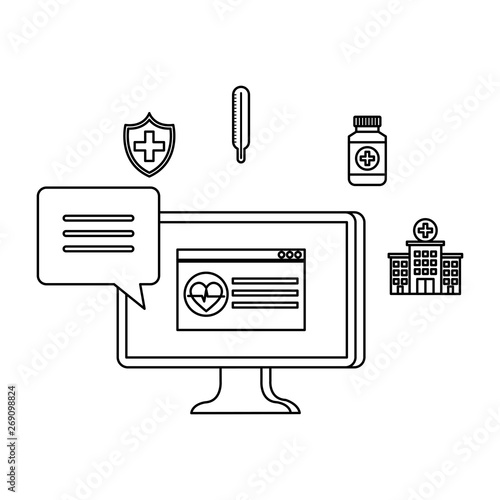 desktop with heart cardio and telemedicine icons