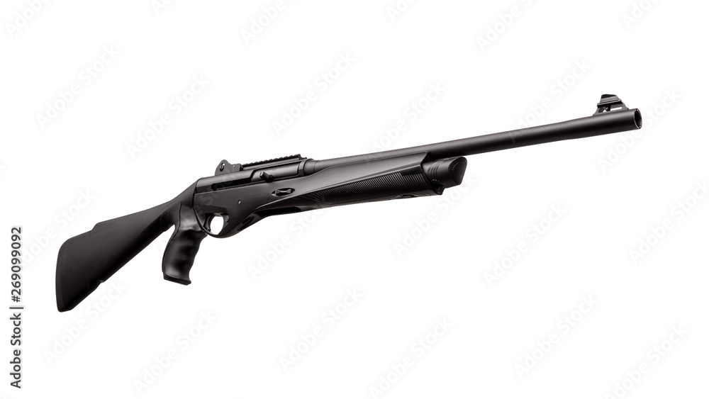 Modern black shotgun isolate on white background. Black semi-automatic shotgun on a light background. Modern black shotgun isolate on white background. Black semi-automatic shotgun on a light background.