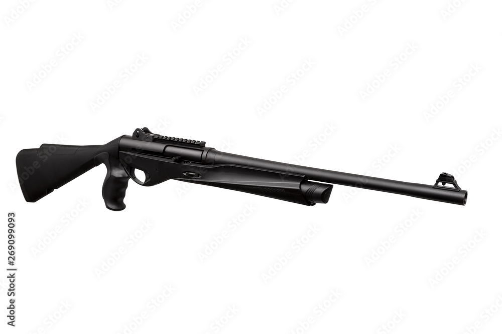 Modern black shotgun isolate on white background. Black semi-automatic shotgun on a light background.