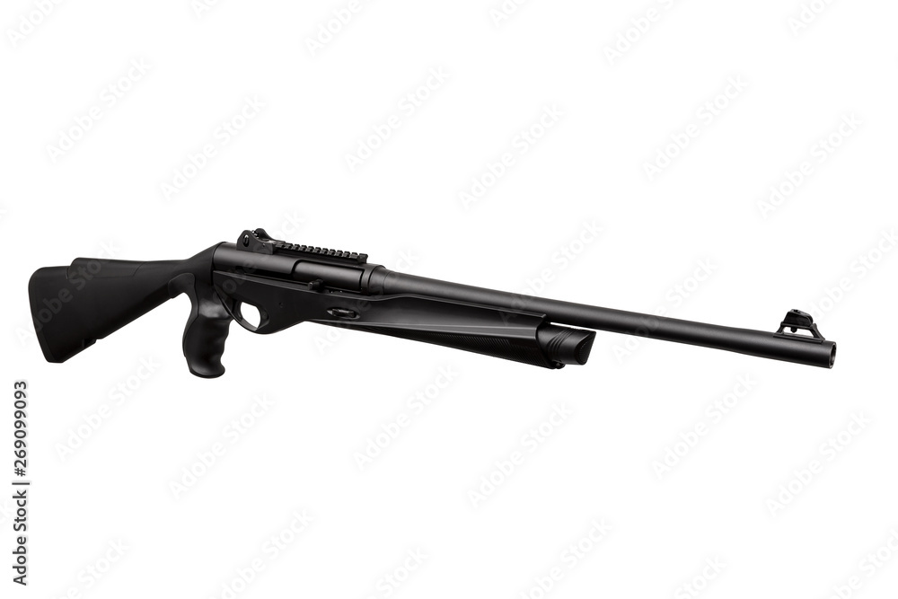 Modern black shotgun isolate on white background. Black semi-automatic shotgun on a light background. Modern black shotgun isolate on white background. Black semi-automatic shotgun on a light background.