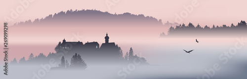 Mountain View with flying birds