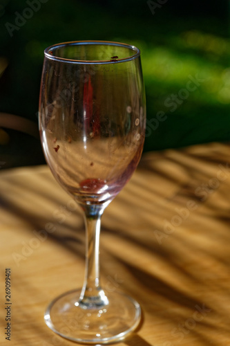 Dirty red wine glass attracting fruit flies