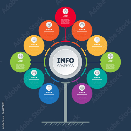 Business presentation or infographics concept with 11 options. Tree, info chart or diagram. Vector info graphic of technology or education process with 11 steps.
