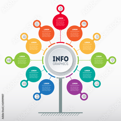 Business presentation concept with 11 options. Web Template of service tree, info chart or diagram with eleven points. Vector infographic of technology or education with 11 steps.