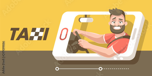 The driver of the car goes in the smartphone and smiles from window, holding two hands wheel.