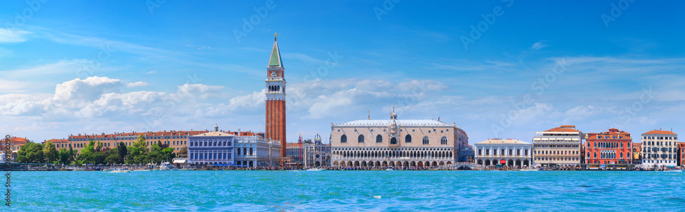 Panoramic cityscape view of  Venice, sea view Piazza San Marco with Campanile, Doge Palace in Venice, Italy.