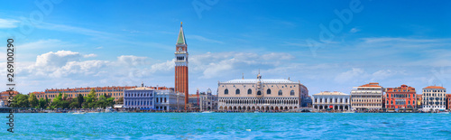 Panoramic cityscape view of Venice, sea view Piazza San Marco with Campanile, Doge Palace in Venice, Italy.