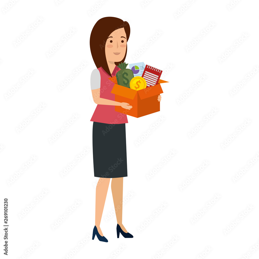 young businesswoman with box business items young businesswoman with box business items