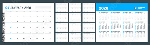 Calendar template for 2020 year. Business planner. 12 months and 2020 year calendar. Stationery design. Week starts on Sunday