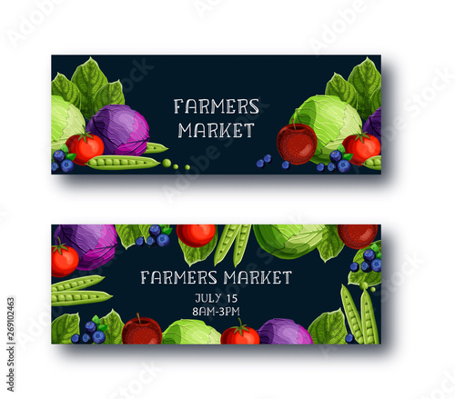 Farmers market banners set with cabbage, peas, tomato, apple, blueberry, text on black background.