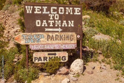 Rustic welcome sign for the popular tourist town of Oatman Arizona. on Route 66
