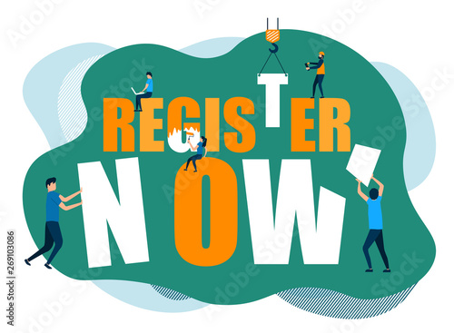 Vector design green orange color combination. Modern image register now with flat characters. Illustration concept for website.