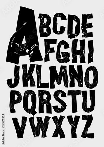 Black bold scotch tape alphabet. Vector font