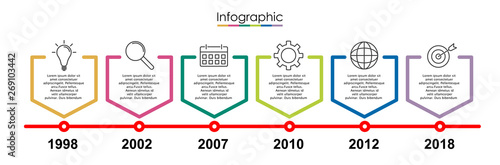 Vector infographic template with six steps or options. Illustration presentation with line elements icons.  Business concept design can be used for web, brochure, diagram, chart or banner layout.