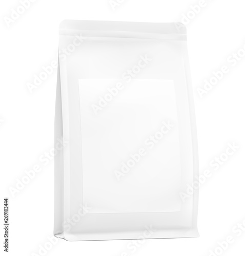 Vertical food paper bag with label. Vector illustration on white background. Packaging mockup ready for your design, presentation, promo, adv. EPS10. 