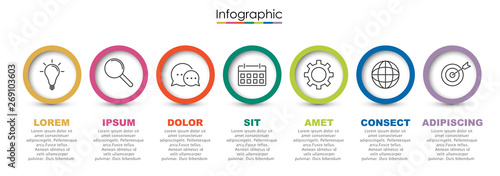 Vector infographic template with seven steps or options. Illustration presentation with line elements icons. Business concept design can be used for web, brochure, diagram, chart or banner layout.