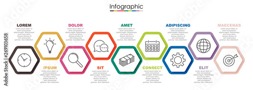 Vector infographic template with nine steps or options. Illustration presentation with line elements icons.  Business concept design can be used for web, brochure, diagram, chart or banner layout.