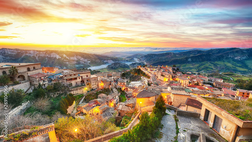 Sunrise over old famous medieval village Stilo in Calabria photo