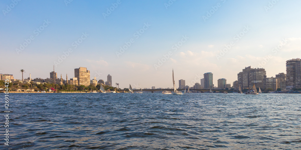 Cairo, Egypt - April 19, 2019: Nile river in the heart of Cairo city, Egypt