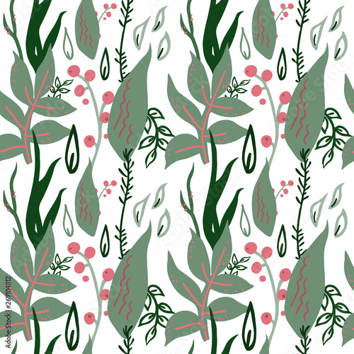 Vector seamless pattern with flowers, leaves and berries in soft colors on white background. Simple flat style.