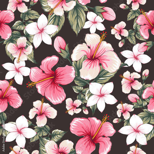 Seamless floral pattern pink pastel color Hibiscus,Frangipani flowers on isolated black background.Vector illustration watercolor hand drawn doodle.
